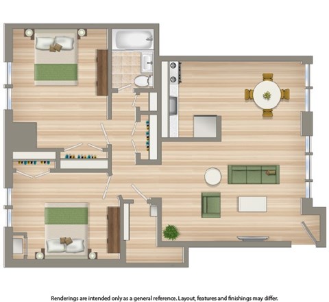 Floor plan for 2 beds, 1 bath, 850 sqft